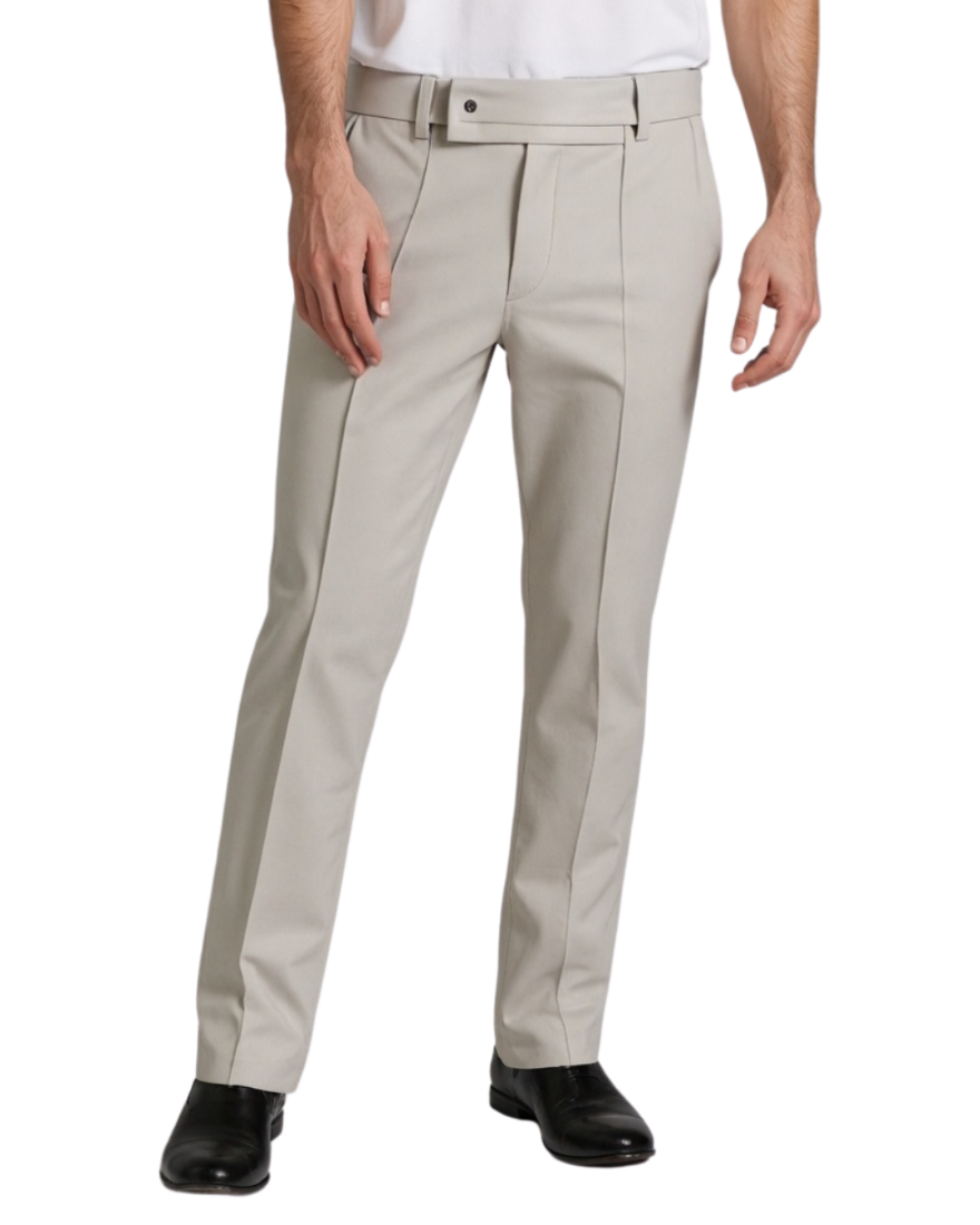 Picture of a model wearing our Beige Leather Pants, Front view close up. 