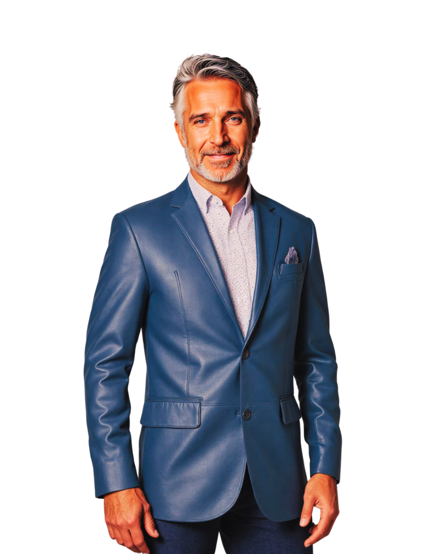 Man wearing a blue leather sport  jacket on a white background 