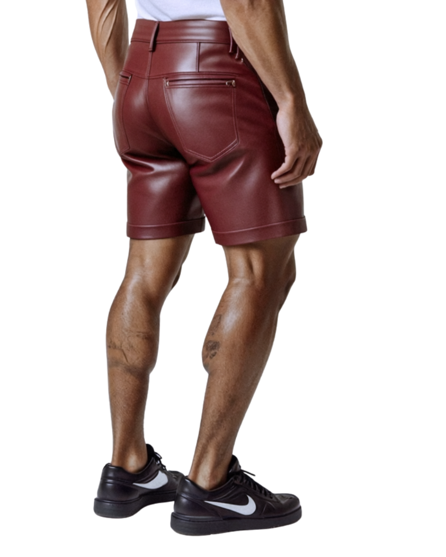 Man wearing our burgundy leather shorts back  view.