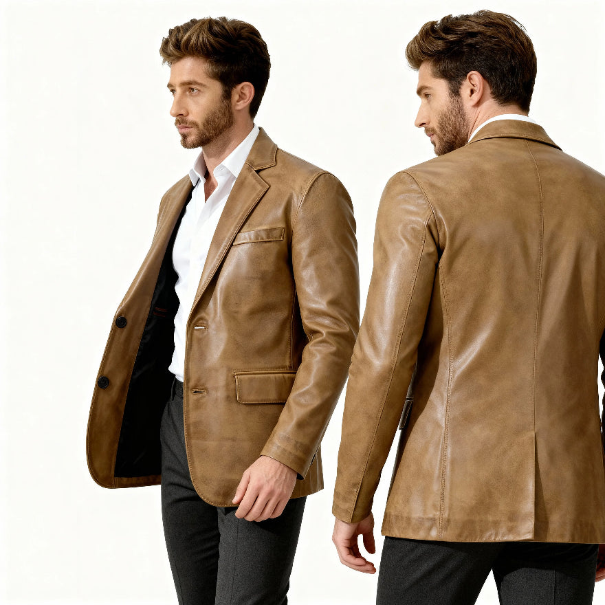 Man wearing a camel leather jacket shown from front and back views on a white background