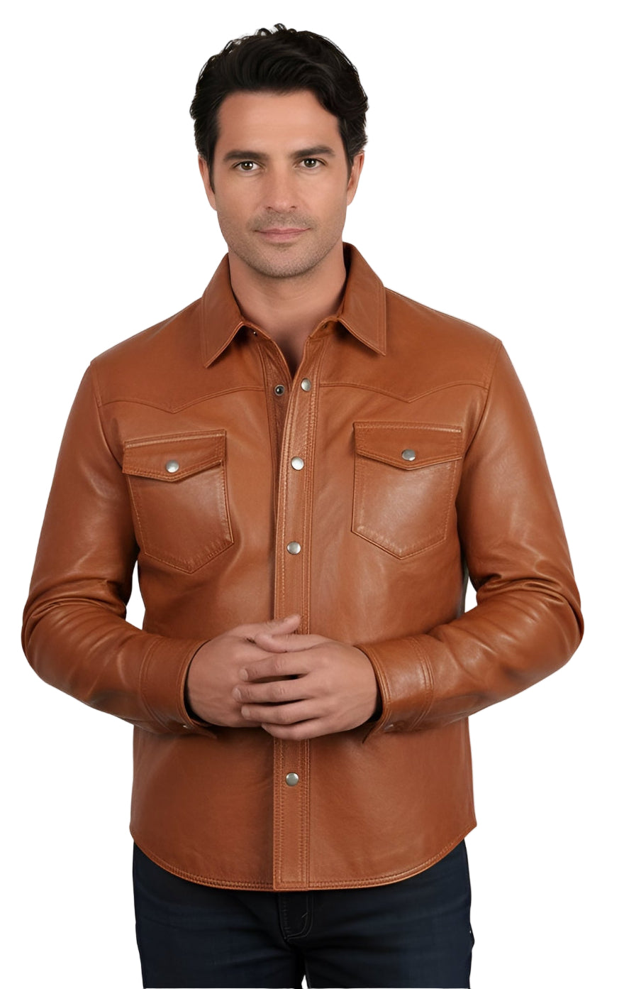 Picture of our Men's Caramel Brown Leather Shirt , front view, worn by a person on a white background.