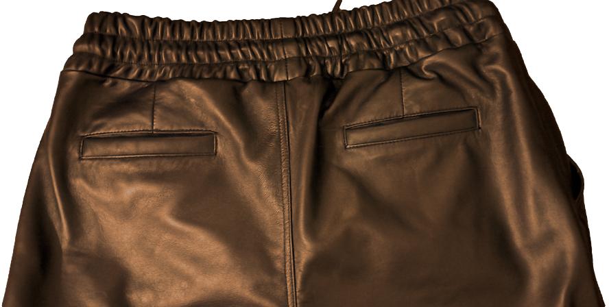 Close up image of the waist ribbing, back view o our Men&#39;s Cowhide Leather Cargo Pants.