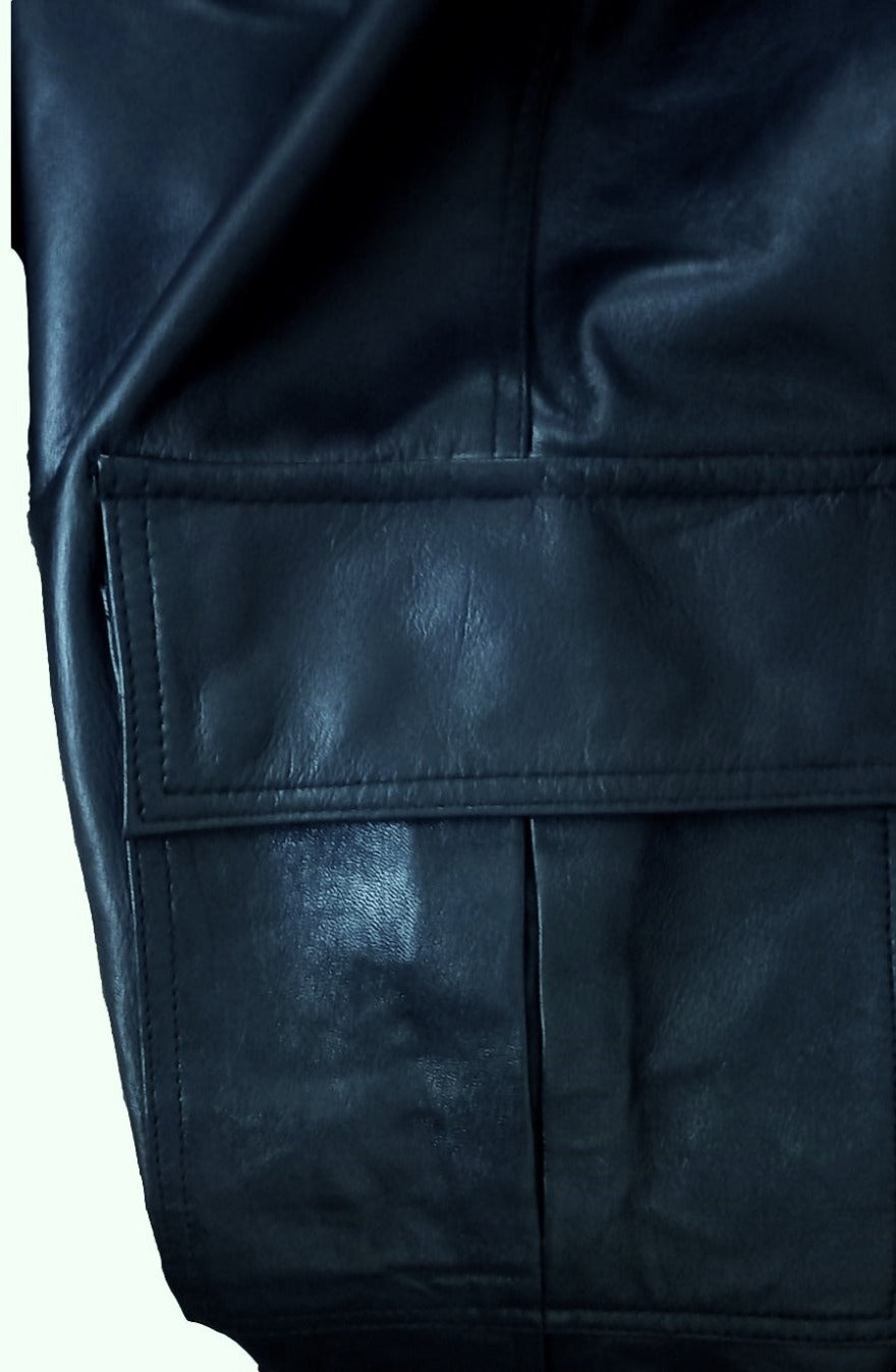 Close up view of the thigh pocket with flap  at top of our Men&#39;s Cowhide Leather Cargo Pants