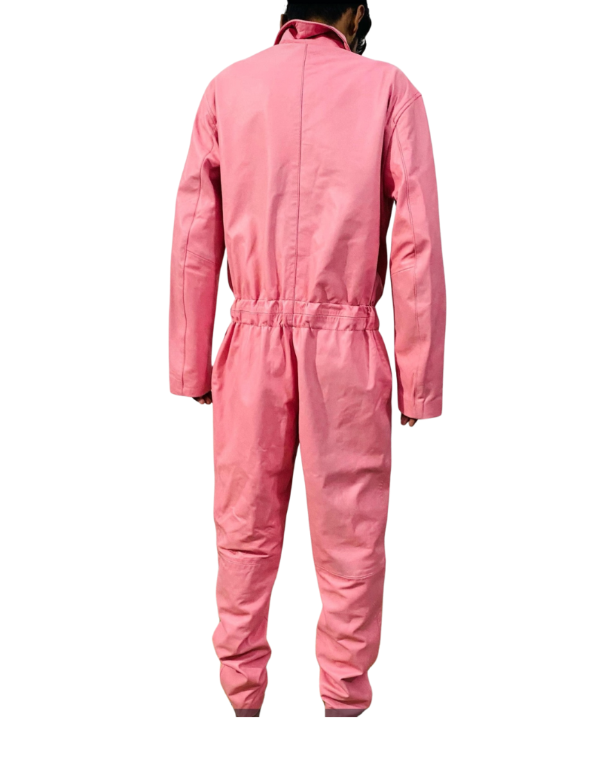 Picture of our pink leather jumpsuit on a model, back view.