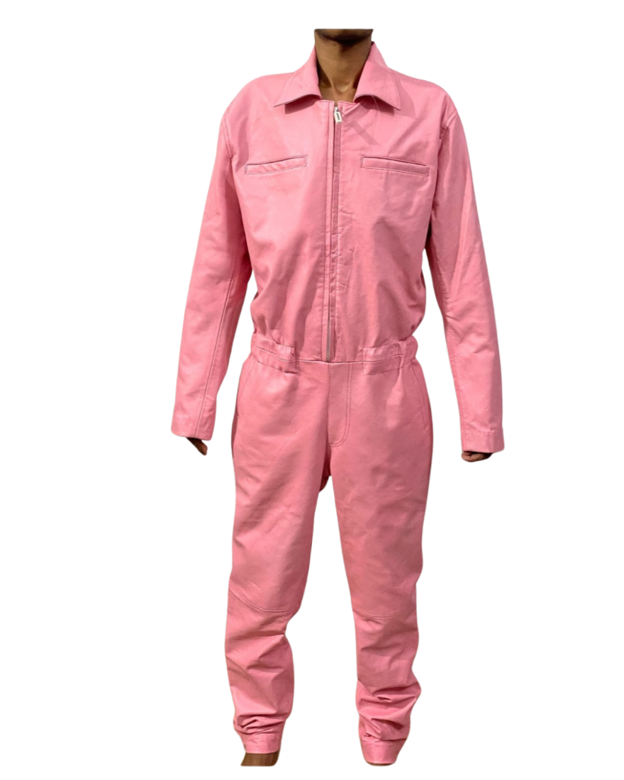 Picture of our pink leather jumpsuit on a model, front view.