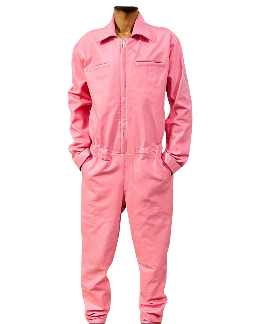 Picture of our pink leather jumpsuit on a model, front view.