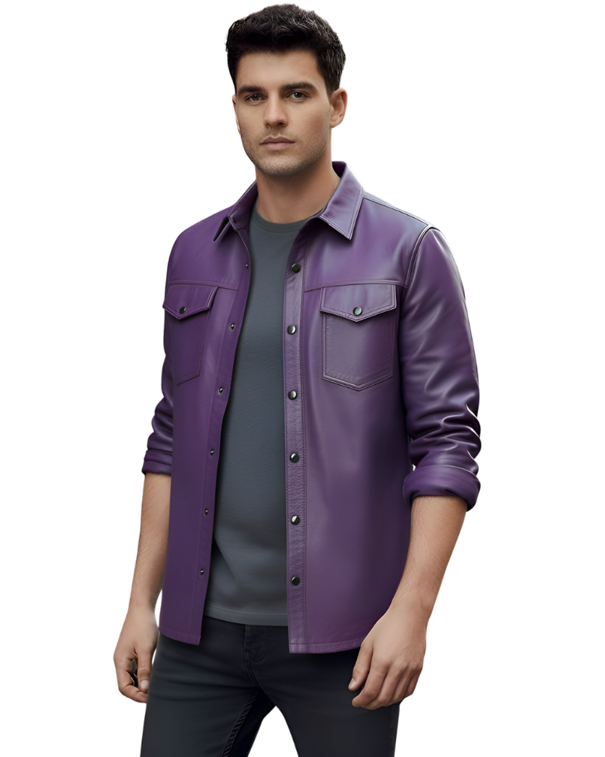 Man wearing our Men's Purple Leather Shirt on a white background, front view.