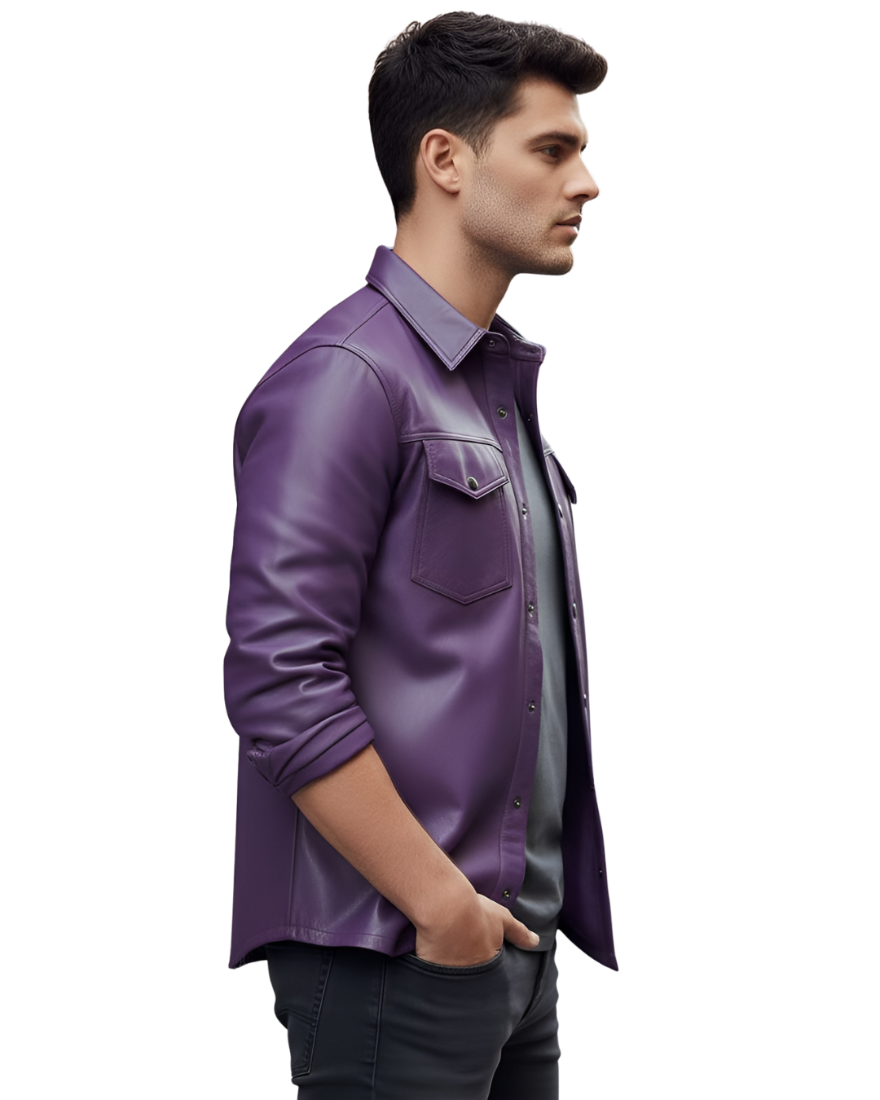 Man wearing our Men's Purple Leather Shirt on a white background, side view.