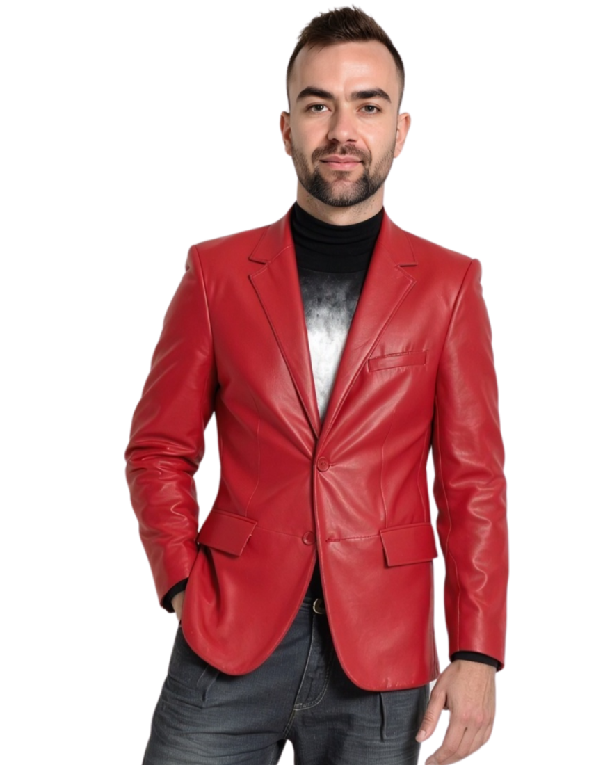 Picture of a model wearing our Men's Red Leather Blazer, front view.