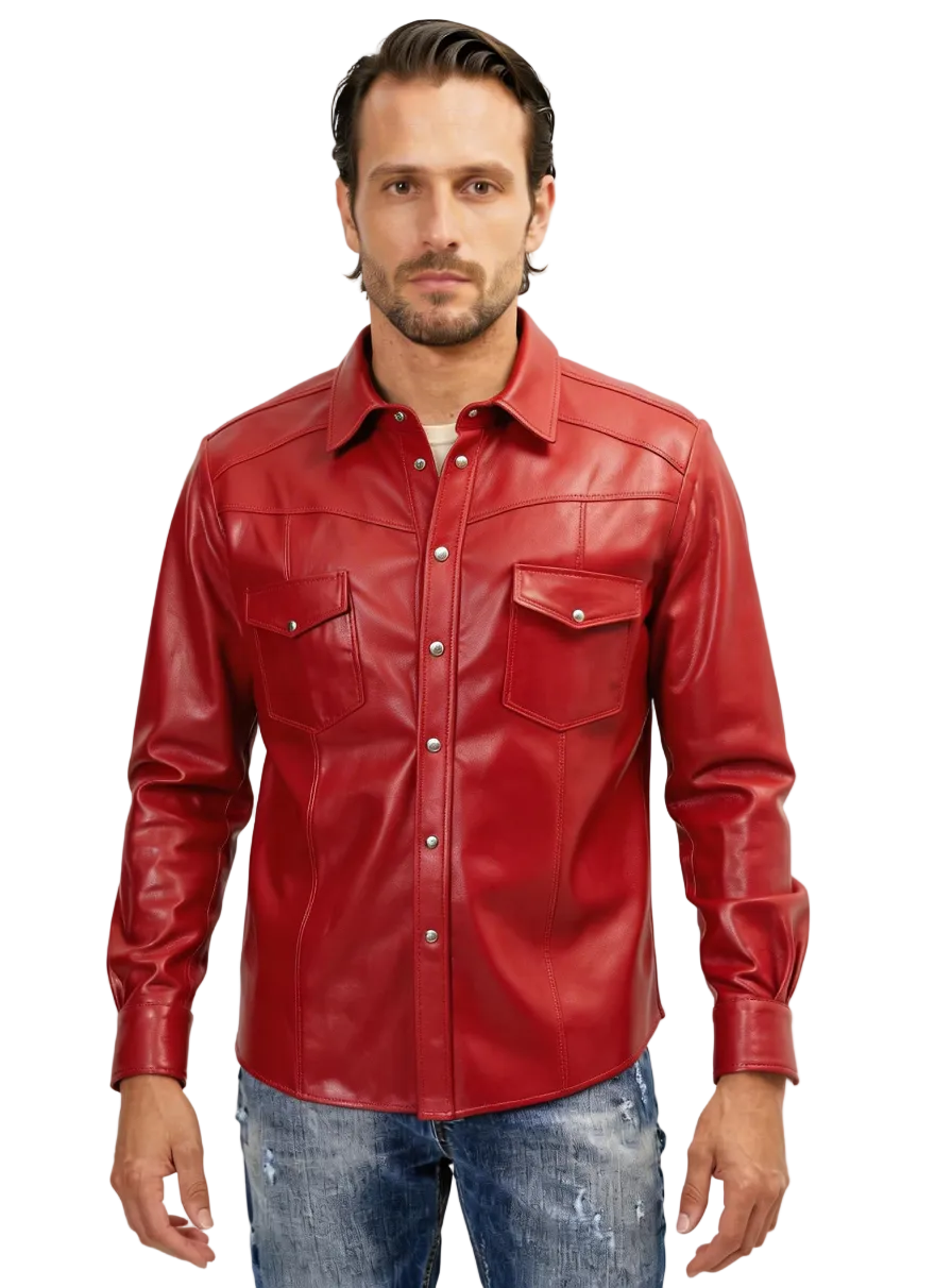 Picture of a model wearing our men's red leather shirt, front view.