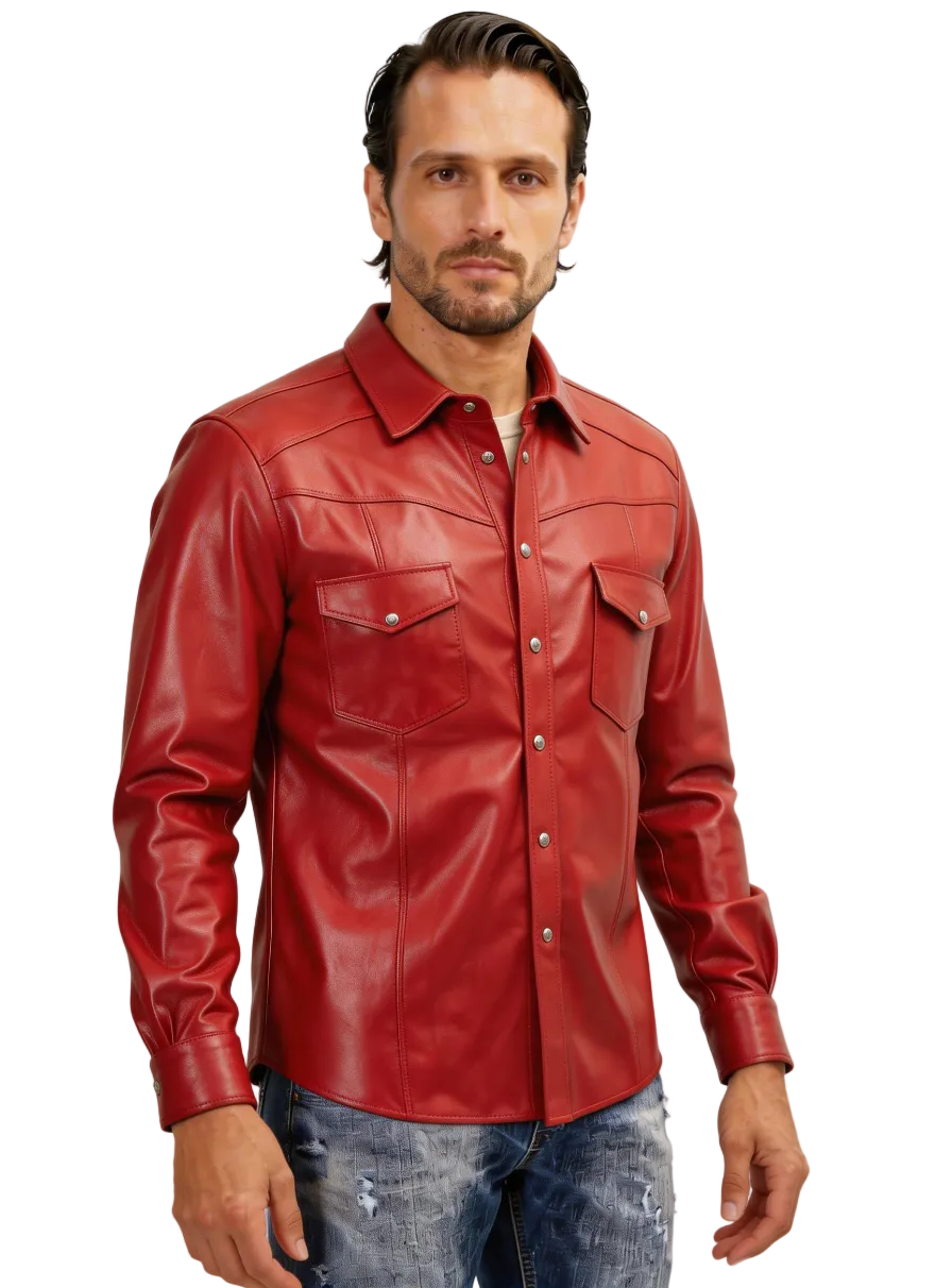 Picture of a model wearing our men's red leather shirt, front view.