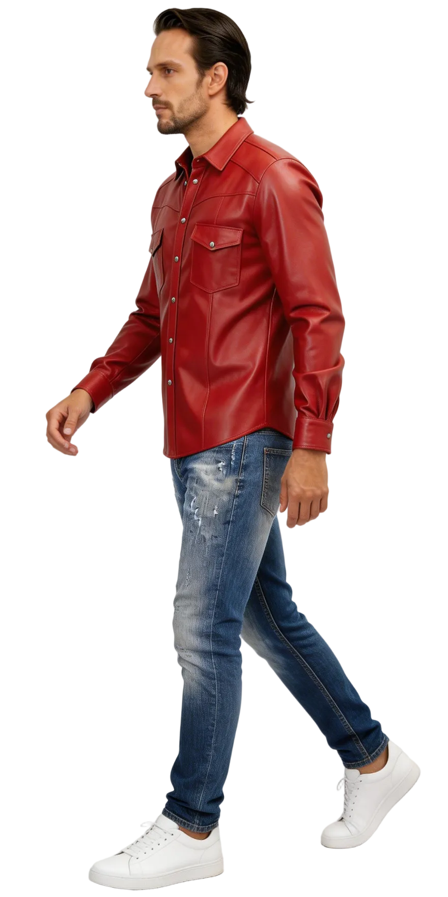 Picture of a model wearing our men's red leather shirt, side walking view.