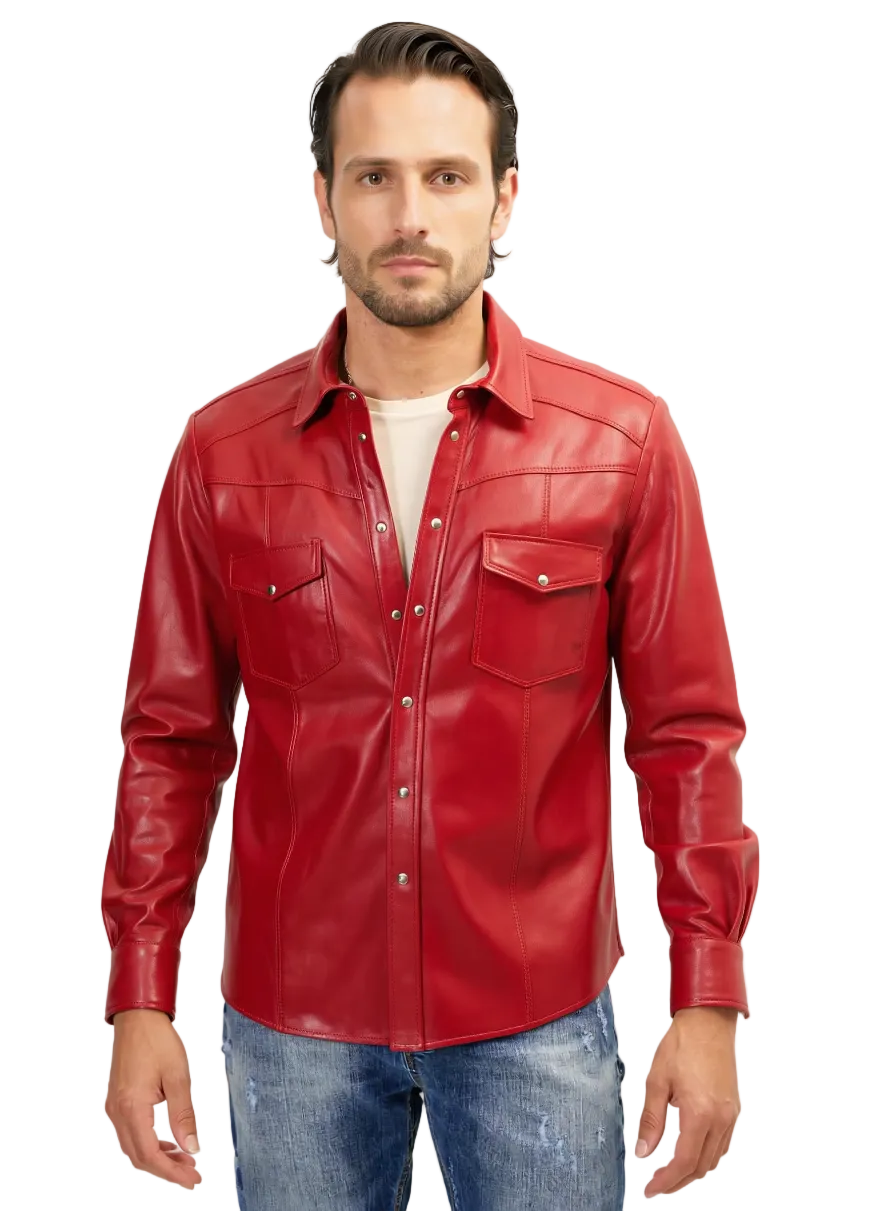 Picture of a model wearing our men's red leather shirt, front view. with top buttons open.