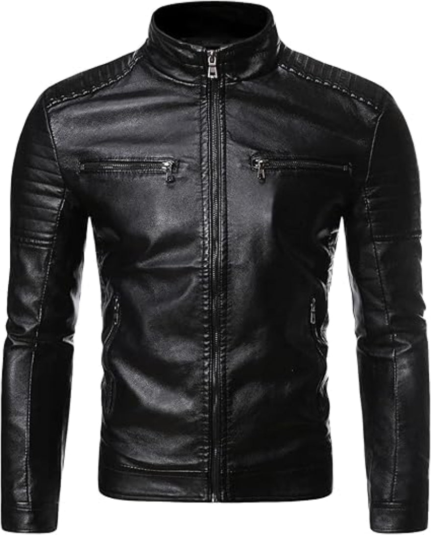A black leather cafe racer jacket with a standing collar, zippered front, and ribbed shoulders, front view.