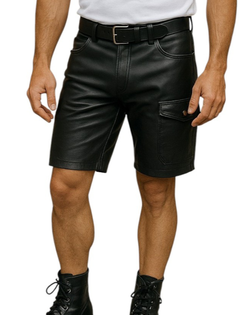 Picture of a model wearing our Mens Black Leather Cargo Shorts, Front view.