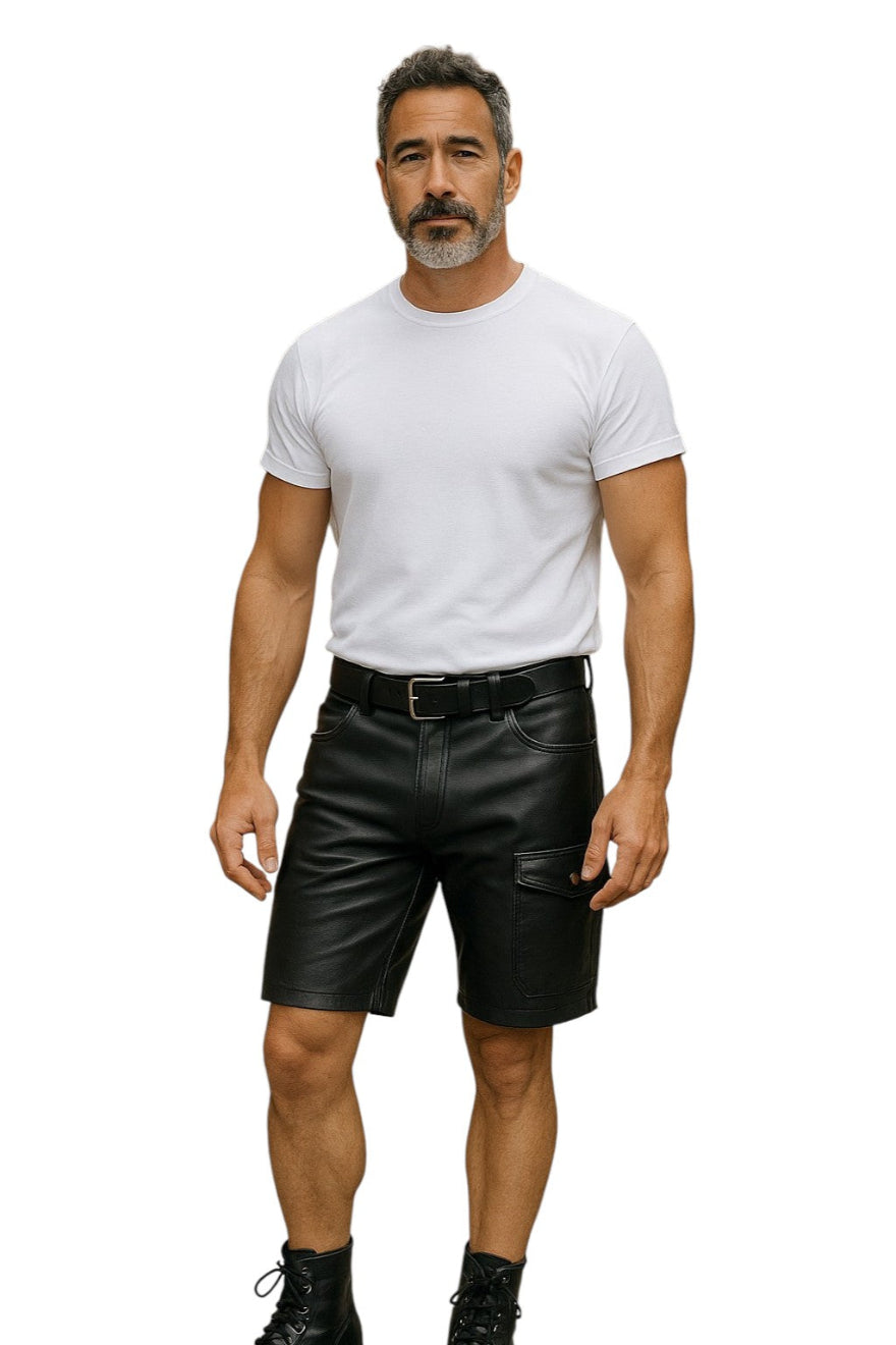 Picture of a model wearing our Mens Black Leather Cargo Shorts, Full size view-front