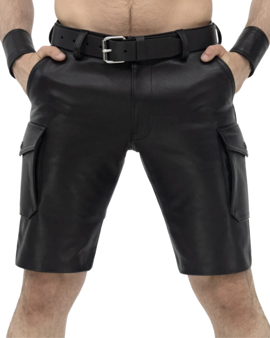 Picture of a model wearing our Mens Black Leather Cargo Shorts, Front view.