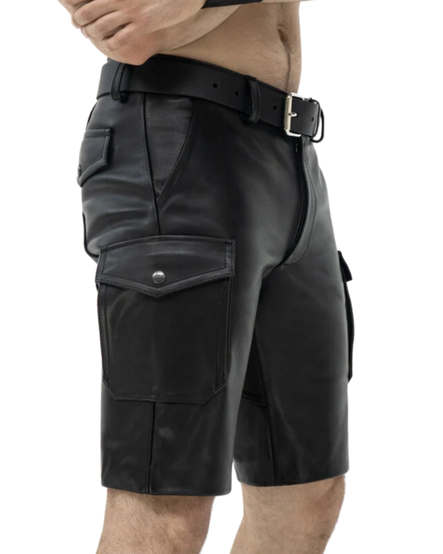 Picture of a model wearing our Mens Black Leather Cargo Shorts, Side view.