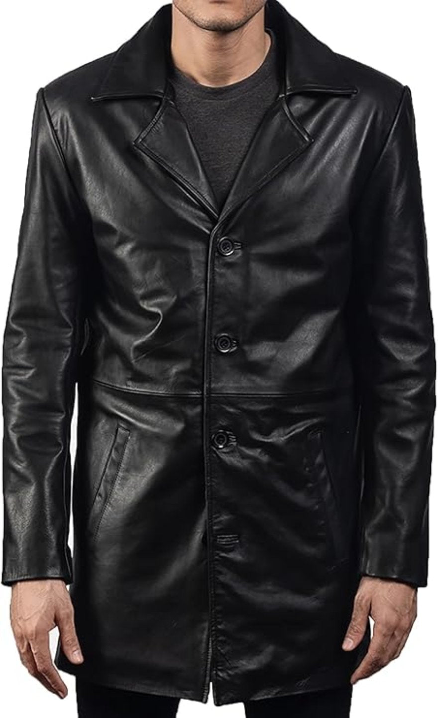 Picture of a model wearing our Mens Black  Leather  Coat, front view, buttoned.