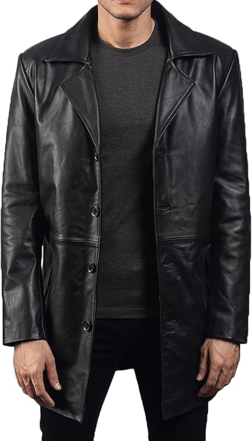 Picture of a model wearing our Mens Black  Leather Coat, front view, not buttoned. 