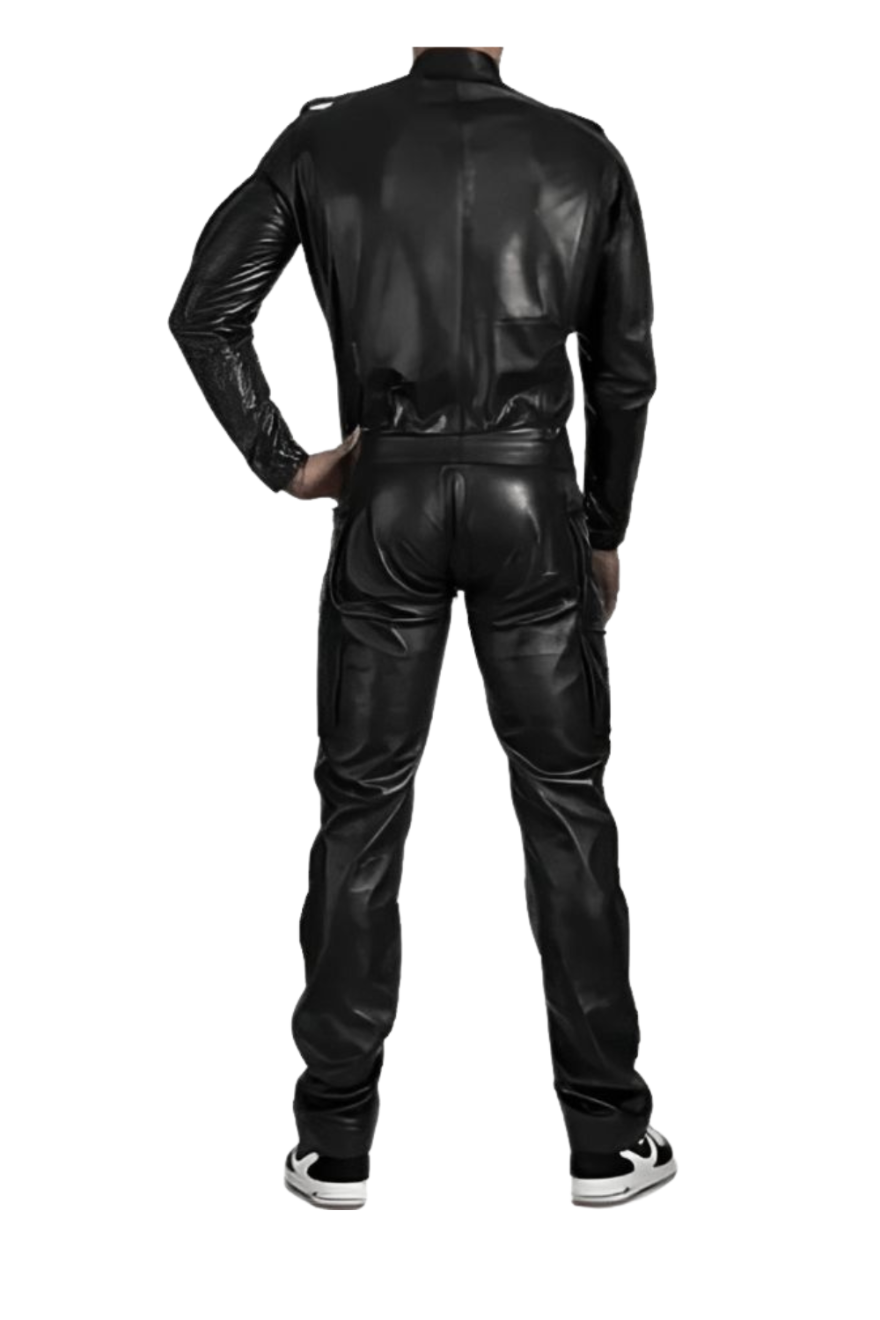 Picture of our Mens Black Leather Jumpsuit, back view.
