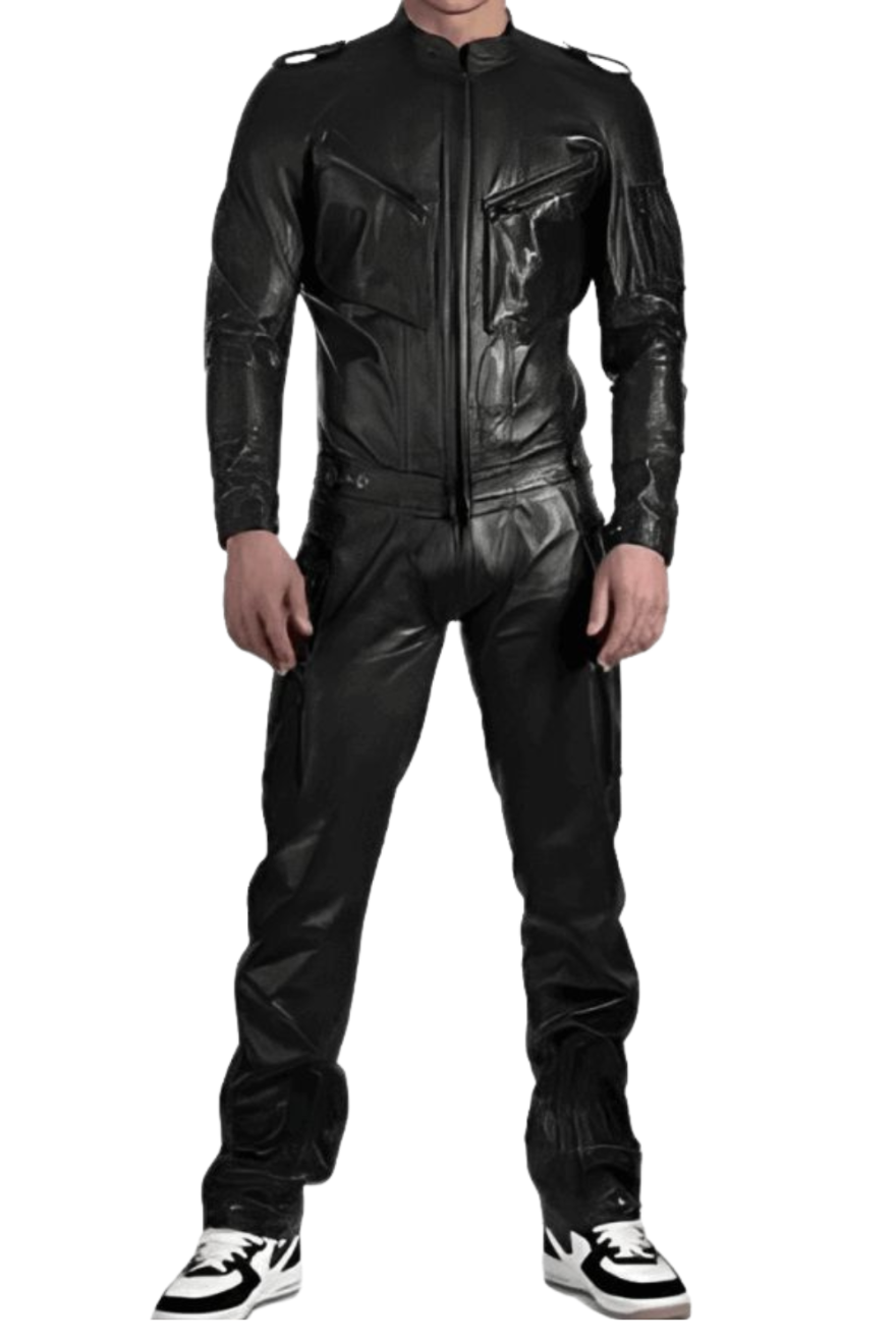 Picture of our Mens Black Leather Jumpsuit, front view.
