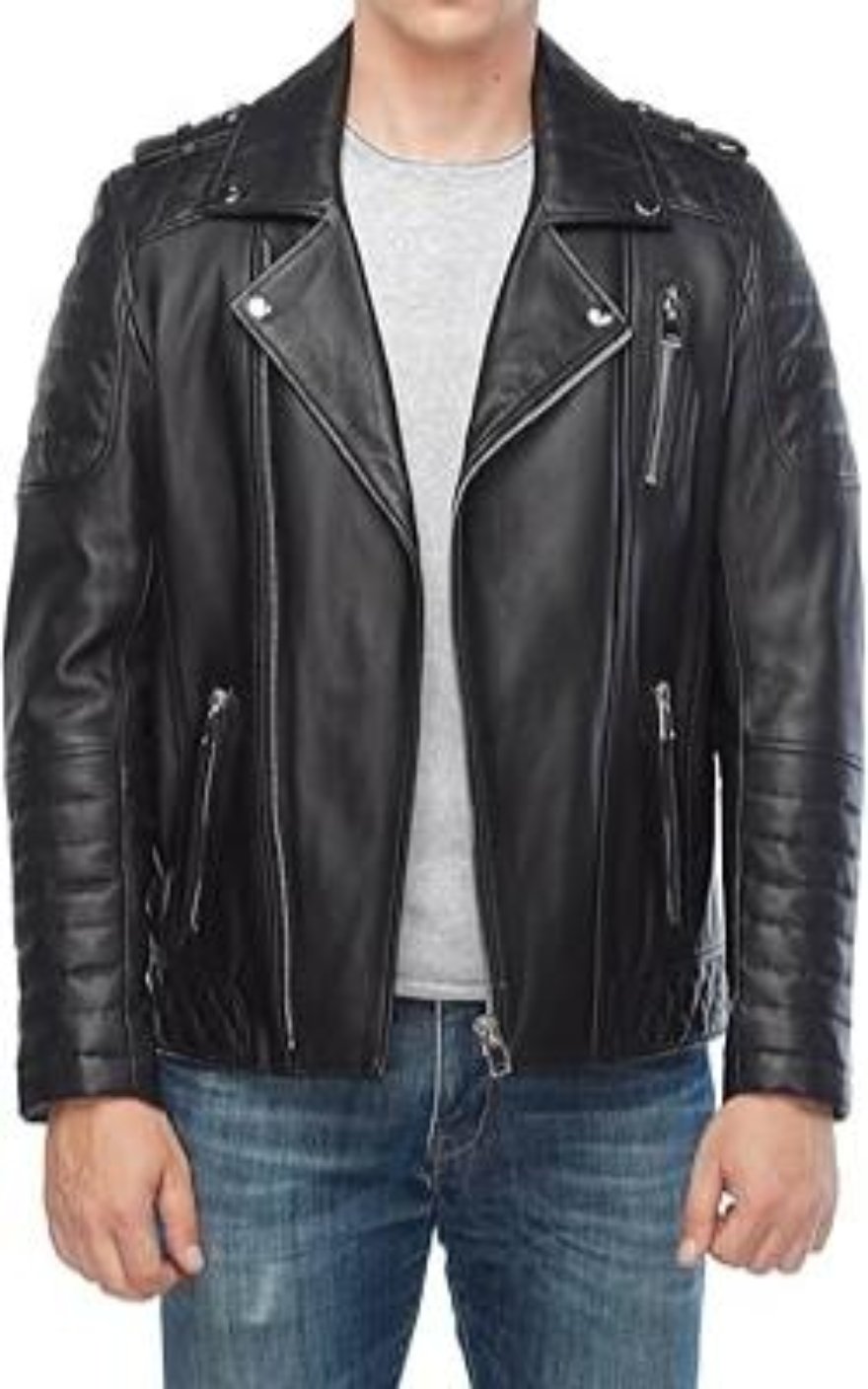 Picture of a model wearing our Mens Black Moto Jacket, front view with zipper open.