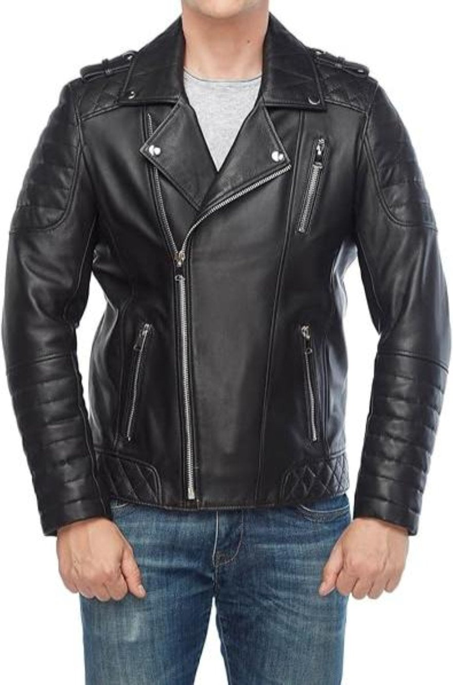 Picture of a model wearing our Mens Black Leather Moto Jacket, front view with zipper closed.