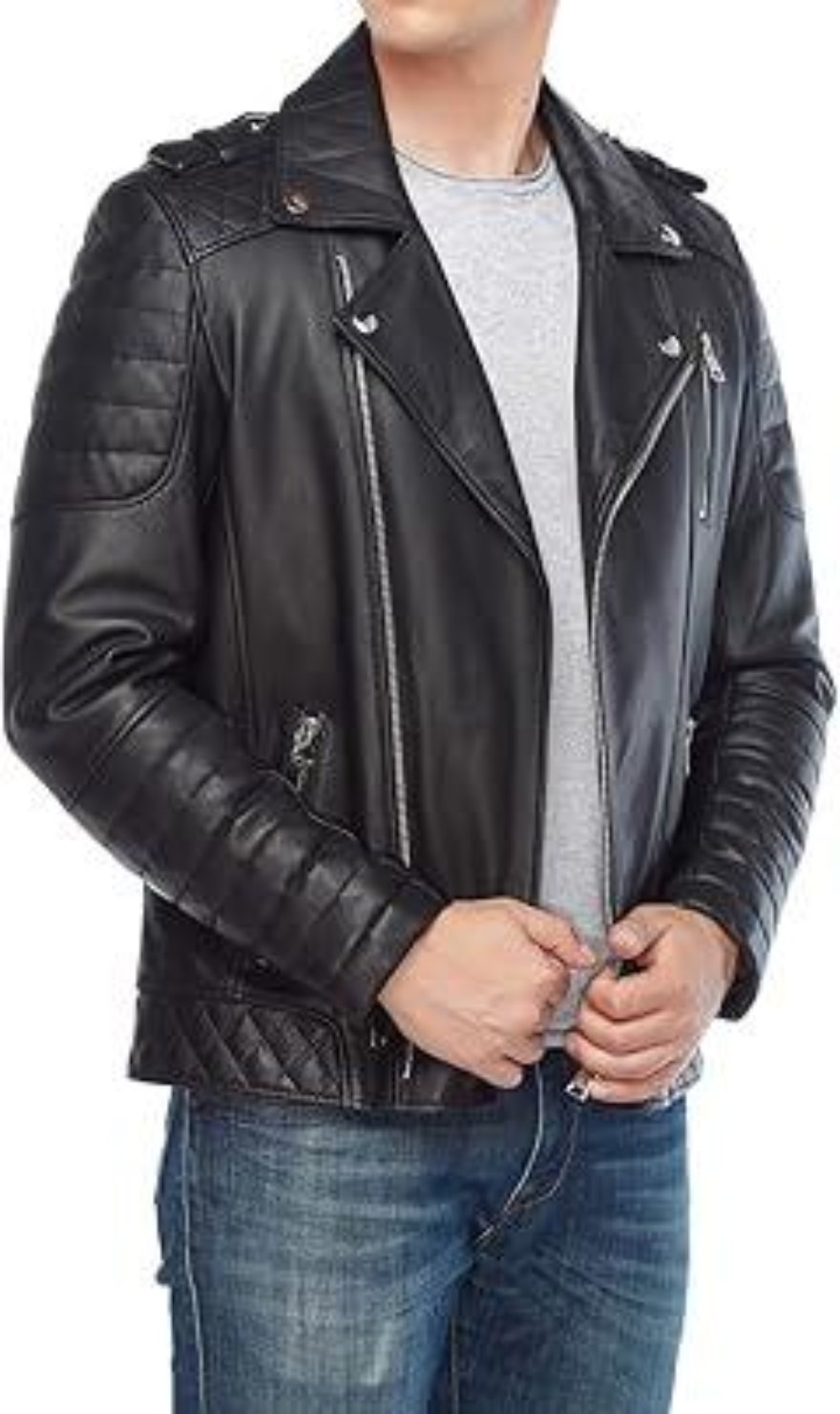 Picture of a model wearing our Mens Black Leather Moto Jacket, side view with zipper open.