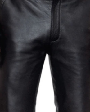 Picture of our black flare leather pants on a model, front close up view.