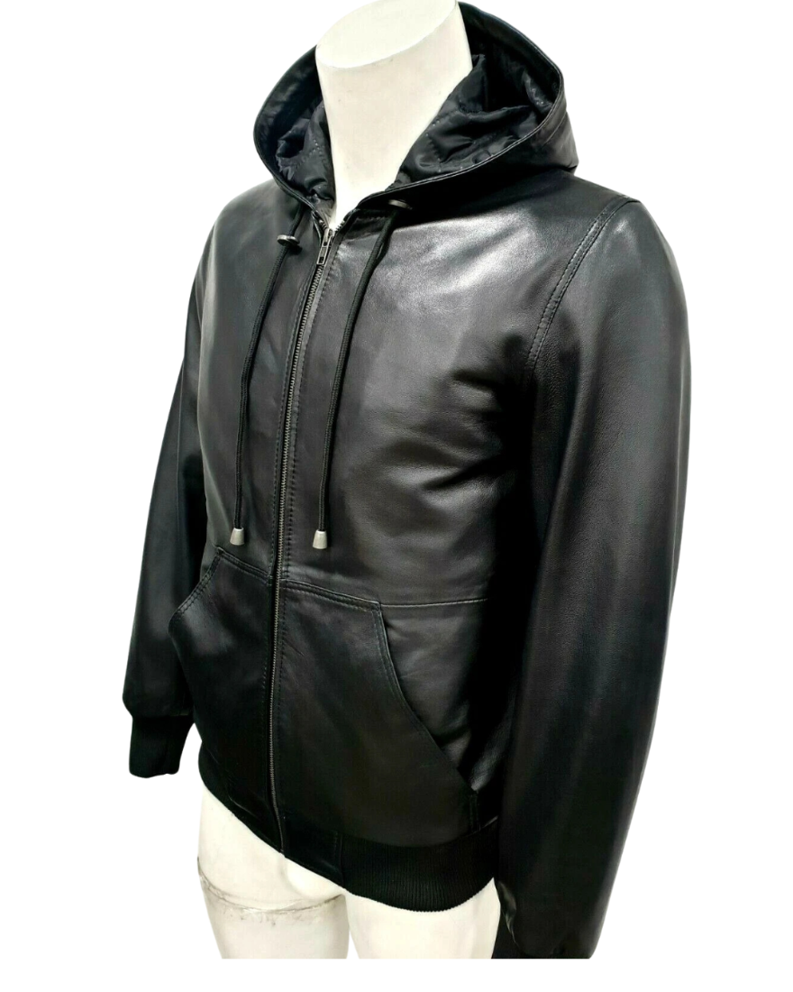 Picture of our Mens Black Leather Shirt Jacket on a mannequin, side view-`1