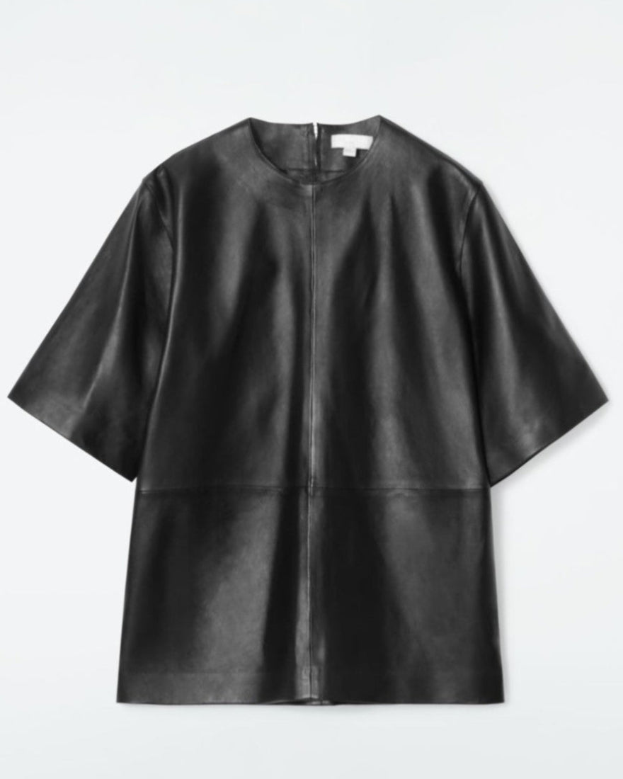 Picture of our black leather T Shirt, front view.