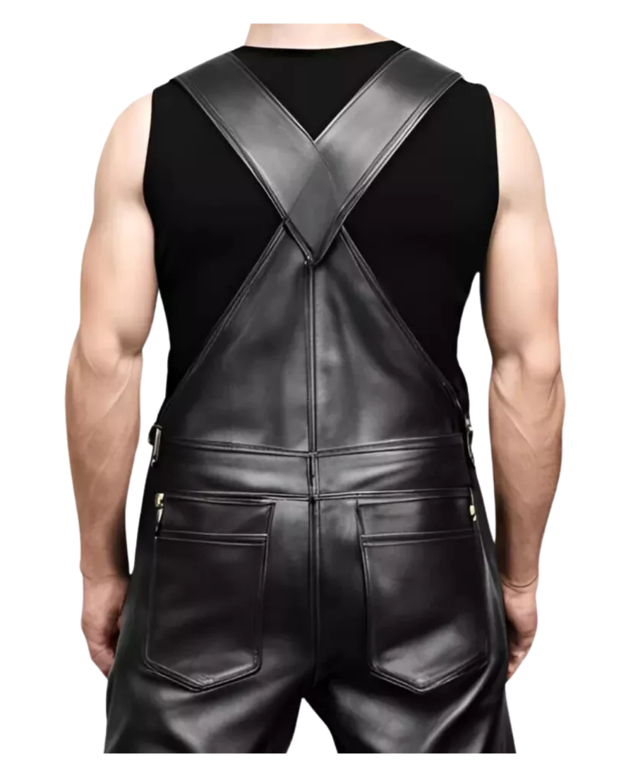 Picture of a model wearing our Mens black Overalls, close up back view.