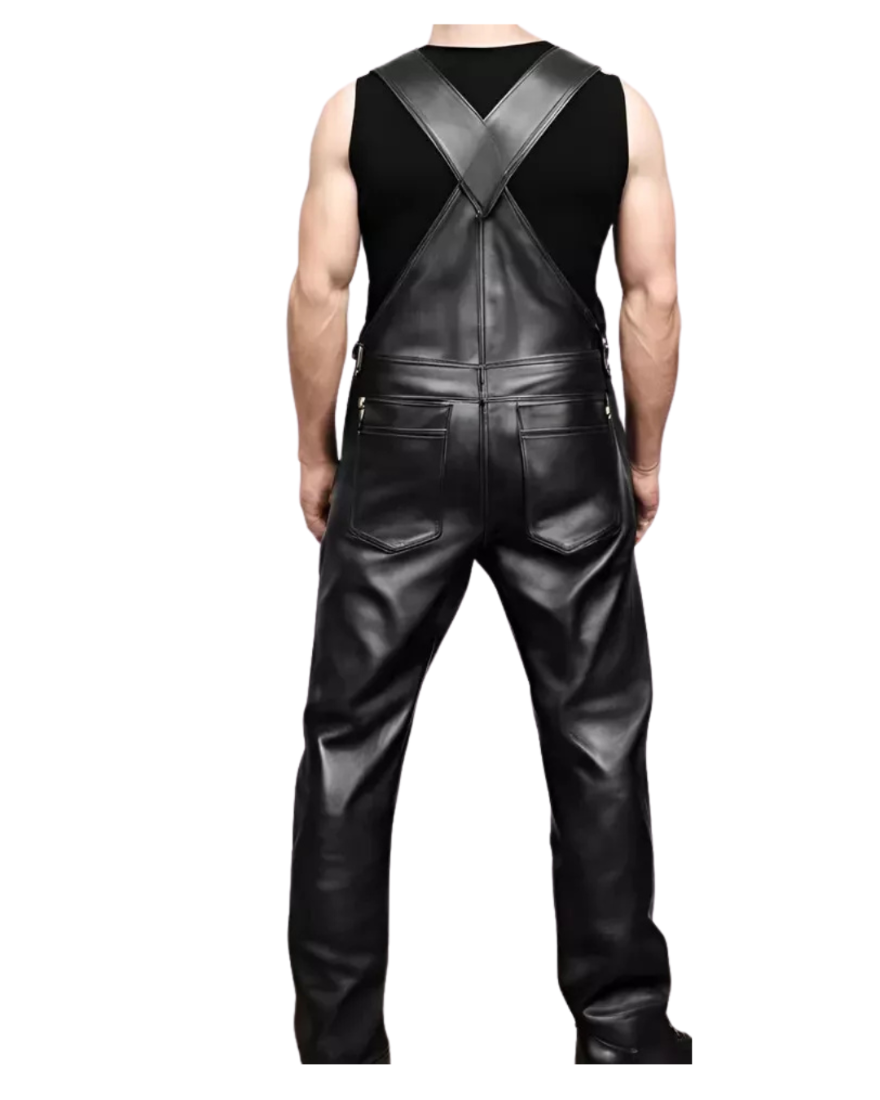 Picture of a model wearing our Mens black Overalls, back view.