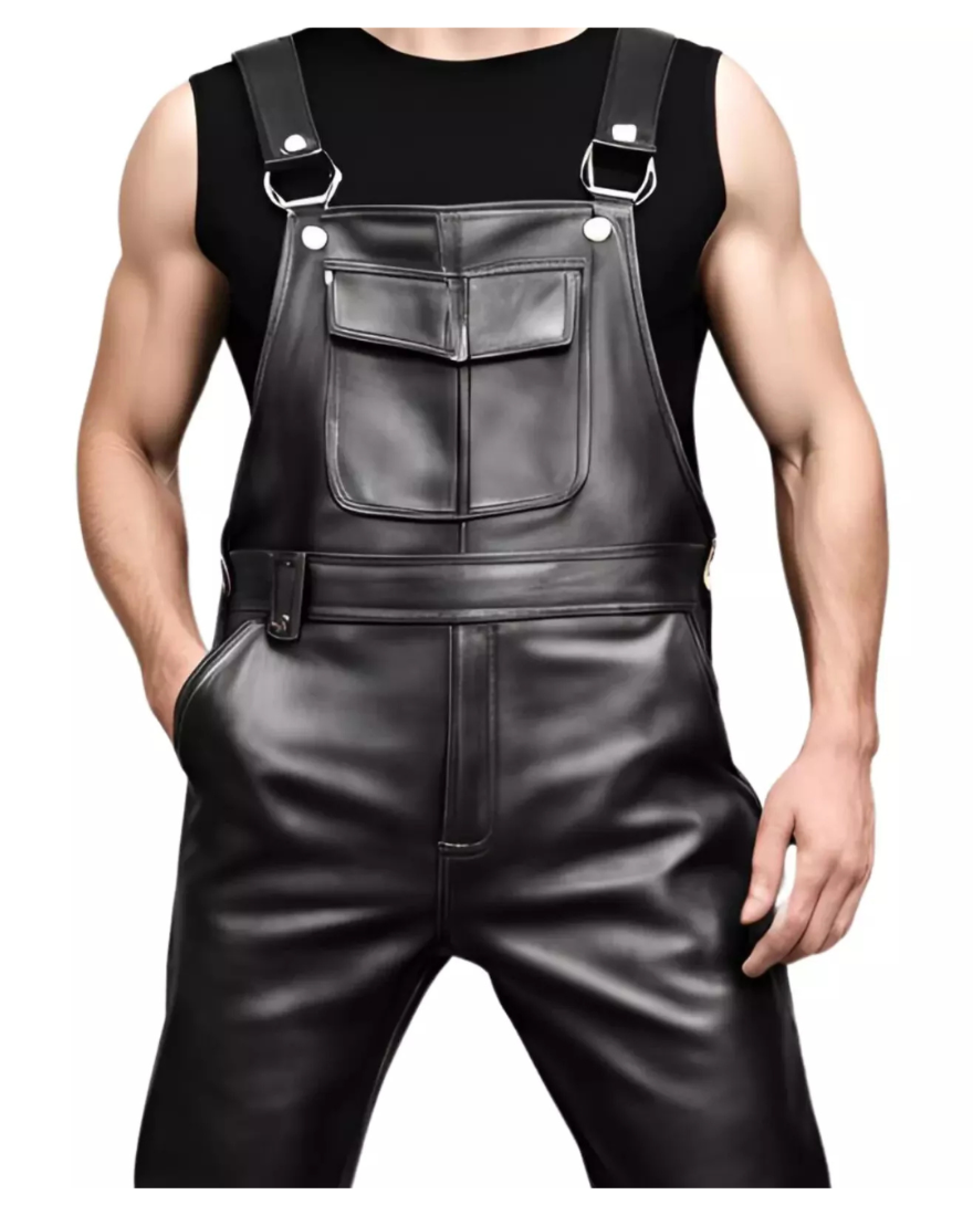 Picture of a model wearing our Mens black Overalls, close up front view.