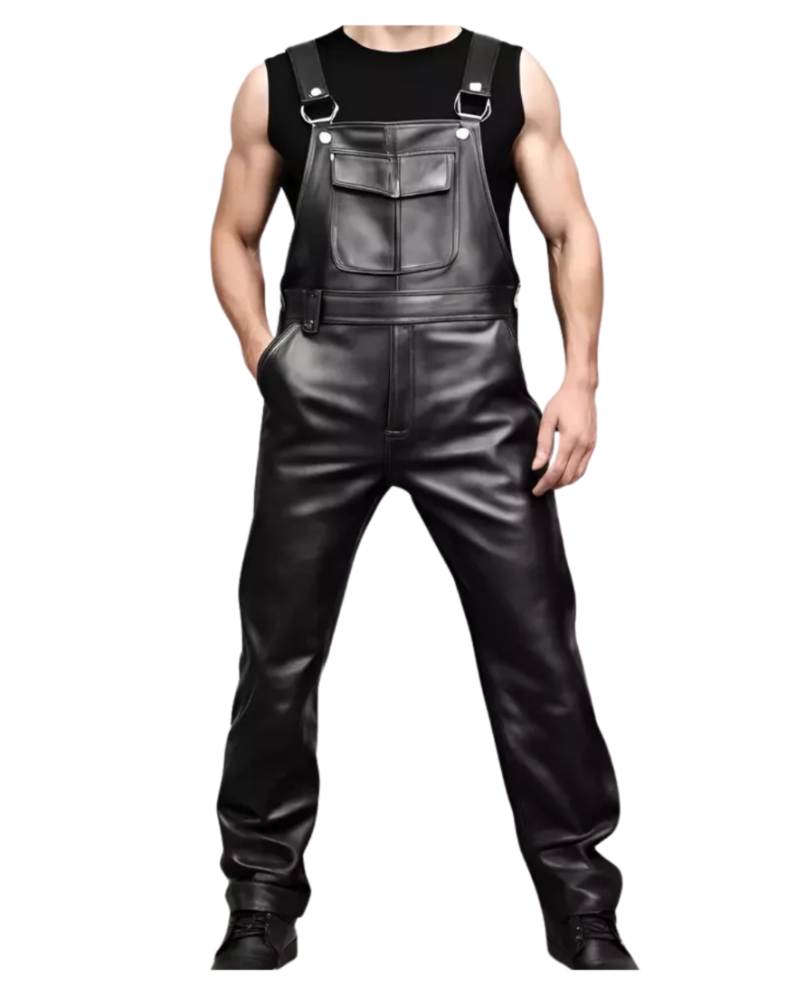 Picture of a model wearing our Mens black Overalls, front view.