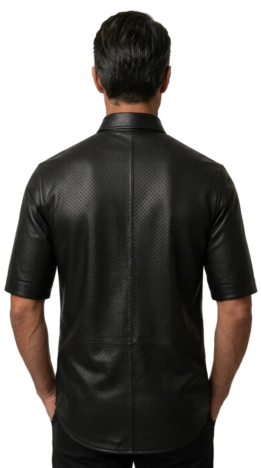 Back view of Mens Black Perforated Leather Shirt displaying full perforated leather construction. white background
