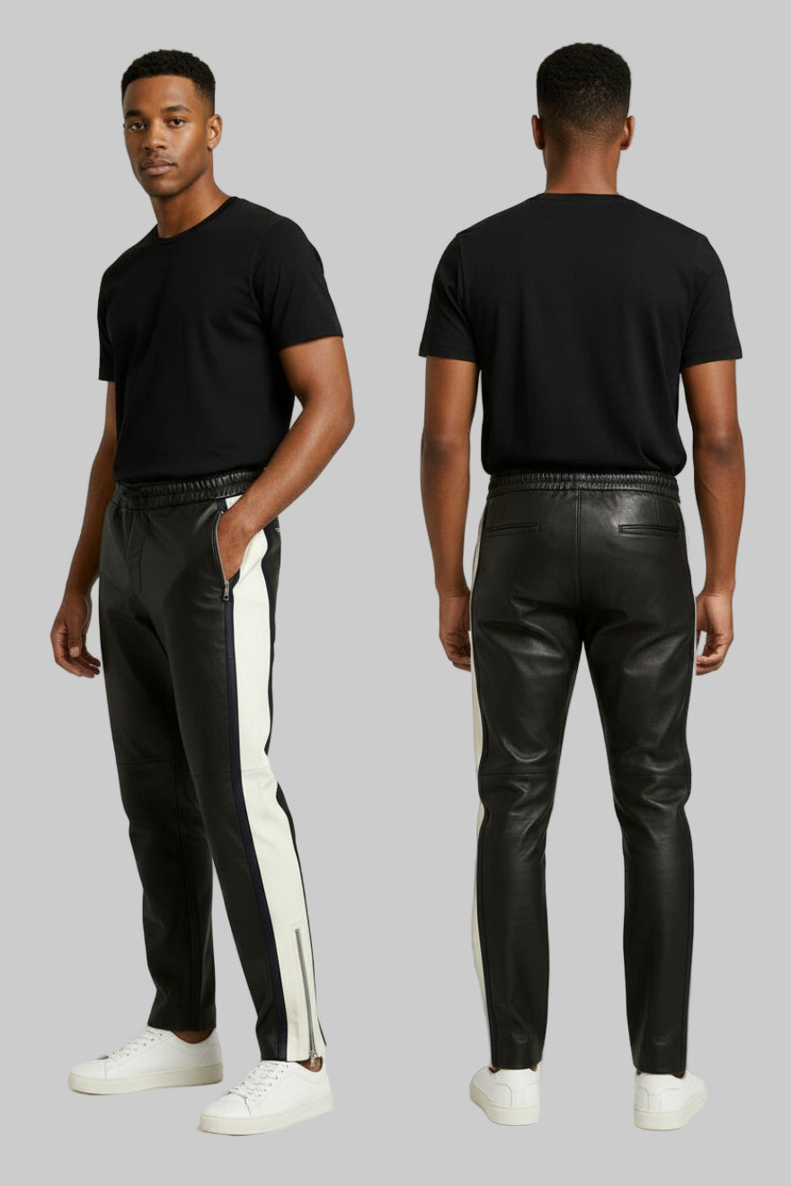collage picture of a model wearing our black &amp; white pants, front &amp; side viw.