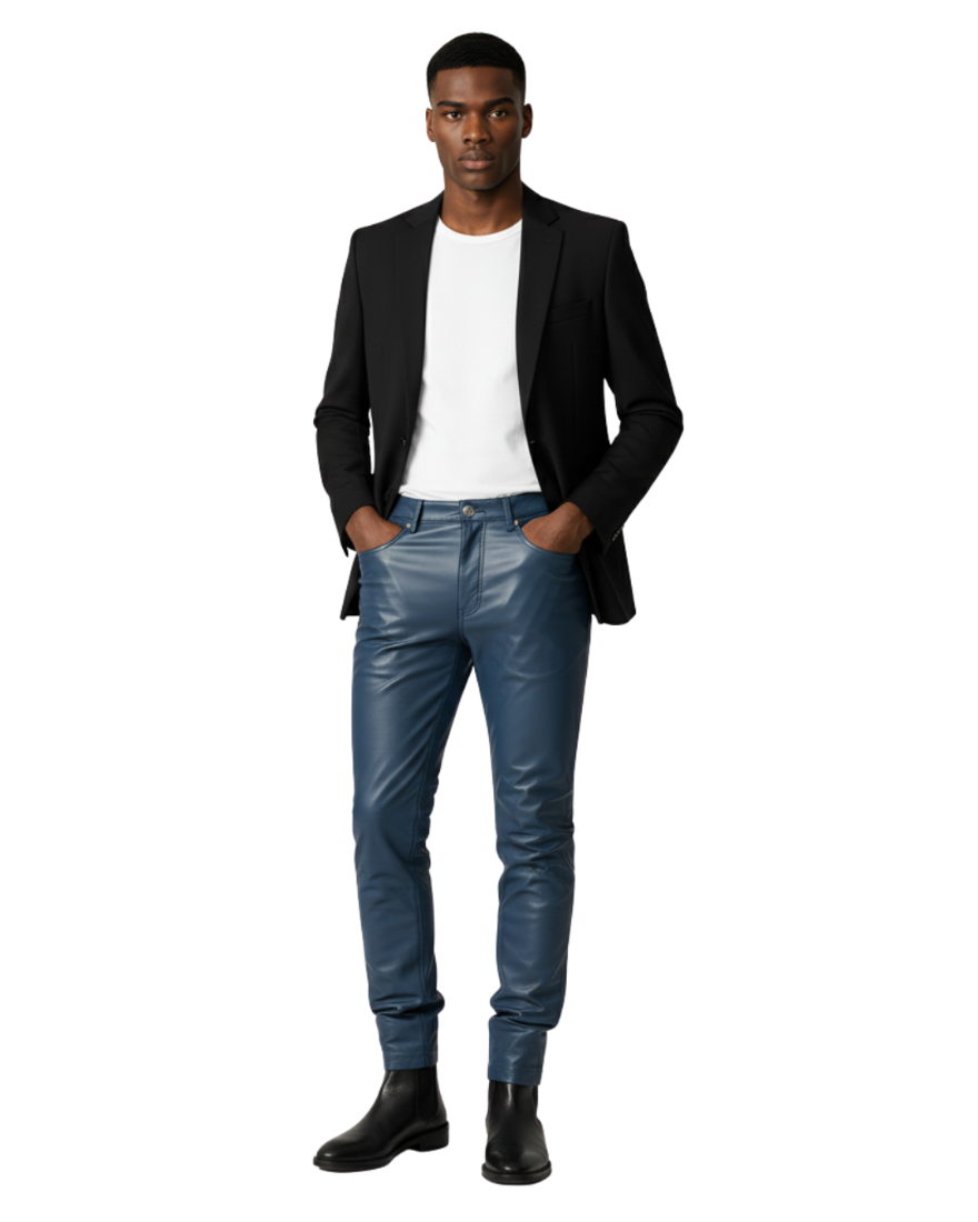Man wearing our Blue Leather Pants, with a white shirt on a white background