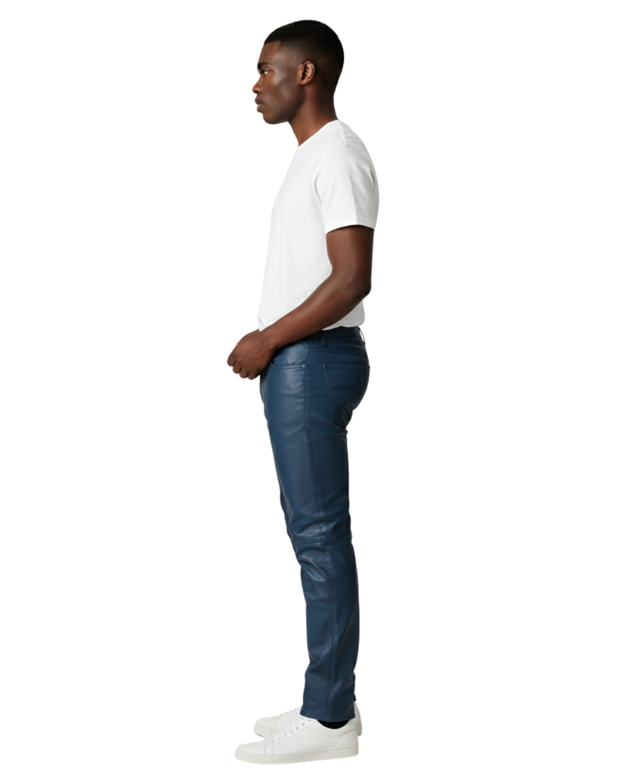 Man wearing our Mens Blue Leather Pants white t-shirt and sneakers on a white background
