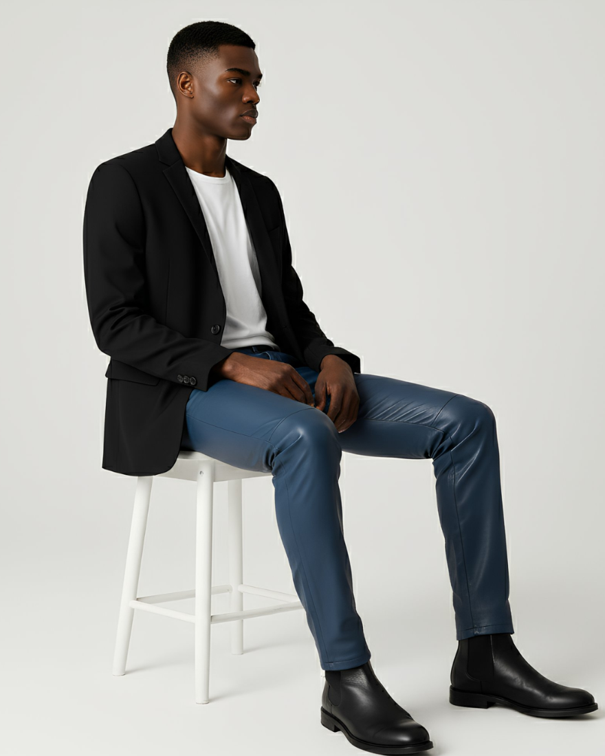 Man sitting on a stool wearing  our Mens Blue Leather Pants  , with a  black blazer, white shirt and black shoes against a white background