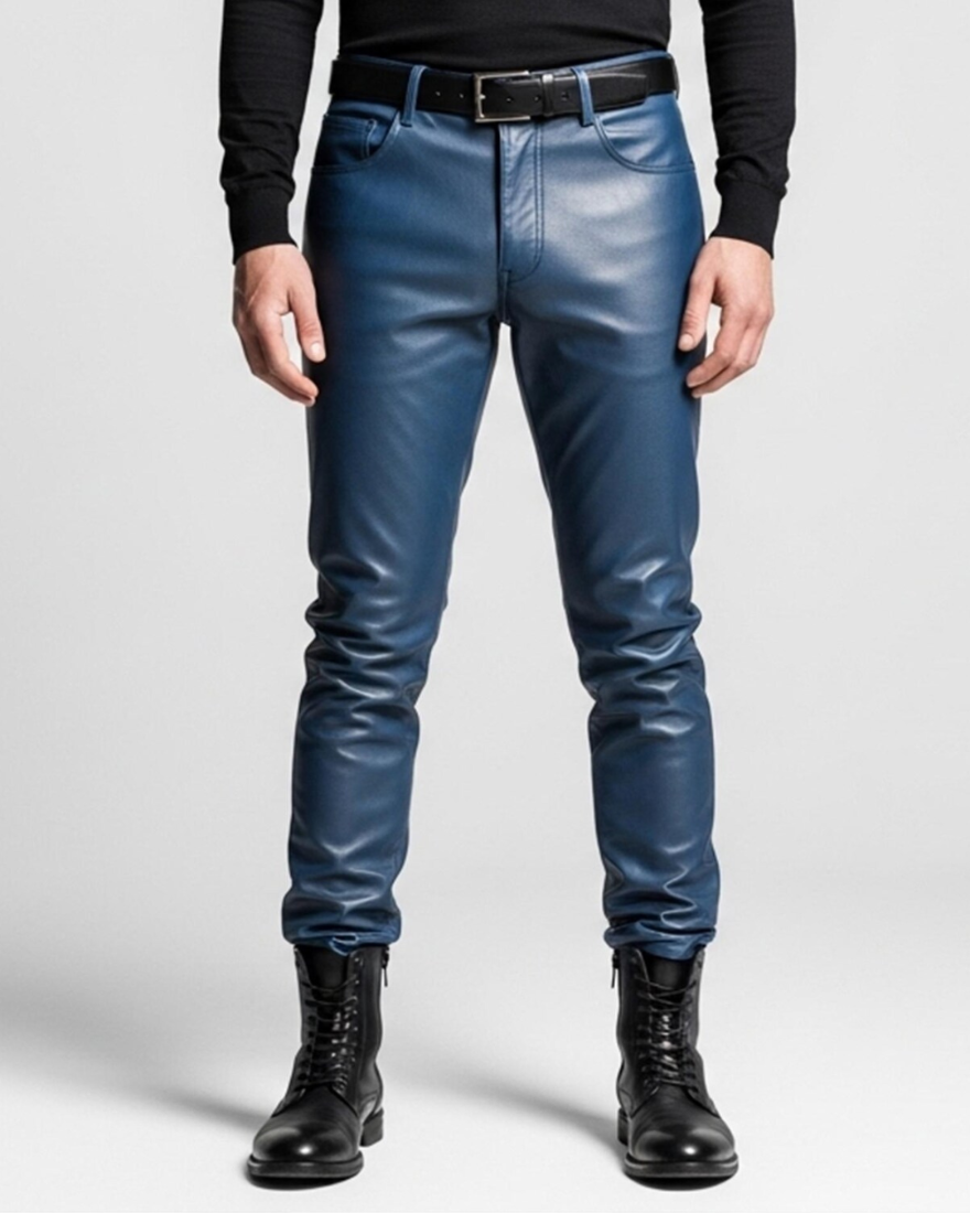 Blue leather pants worn by a person on a white background, front view.