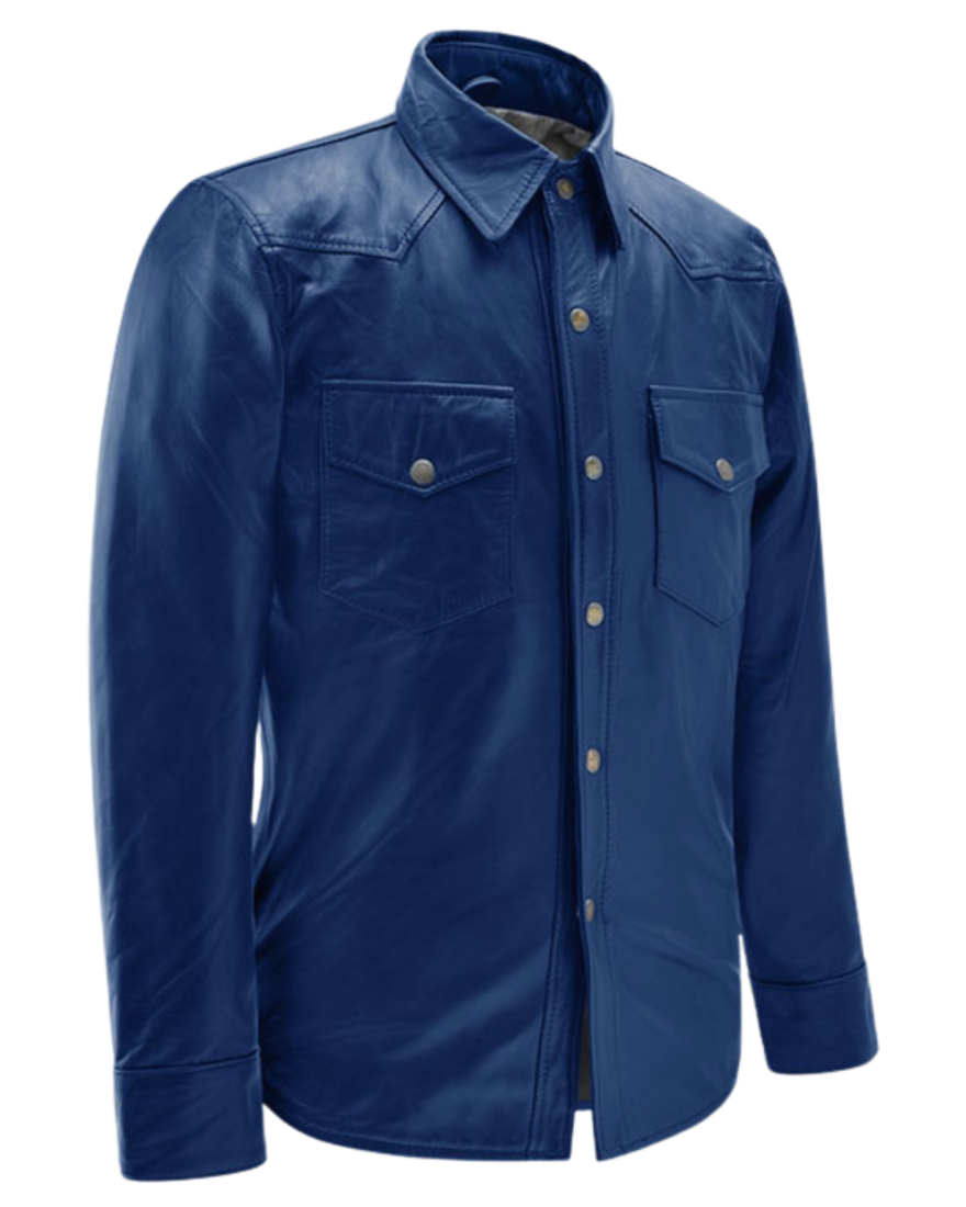 Picture of our Mens Blue Leather Shirt, on a mannequin side view.
