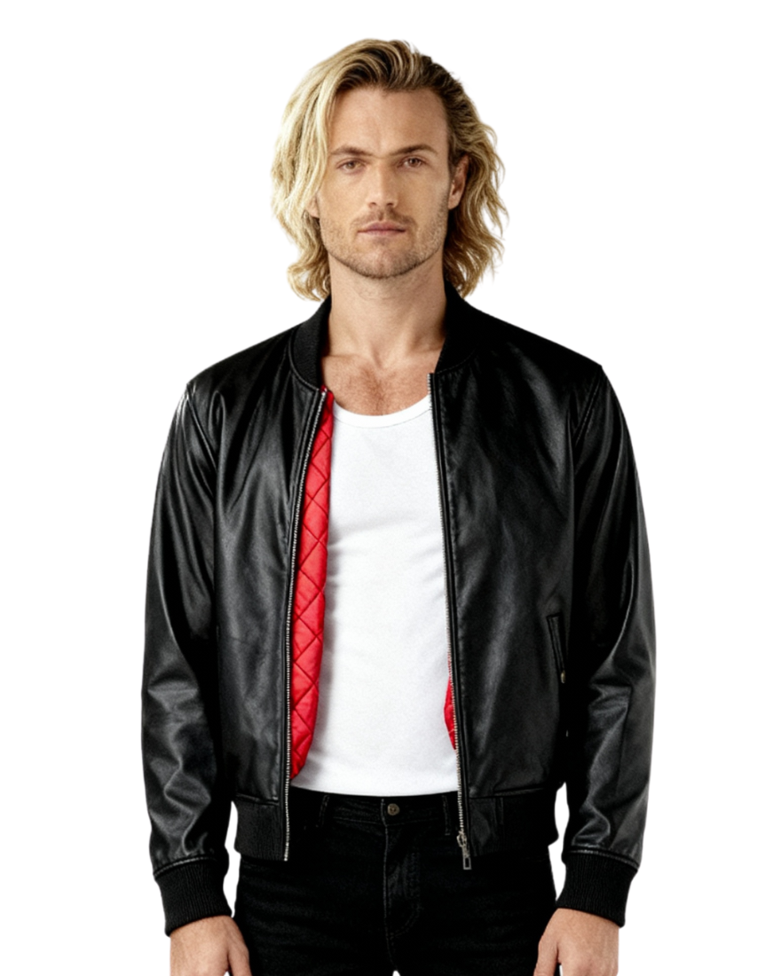 Man wearing our Mens Bomber Jacket Black Leather with red lining on a white background. front view