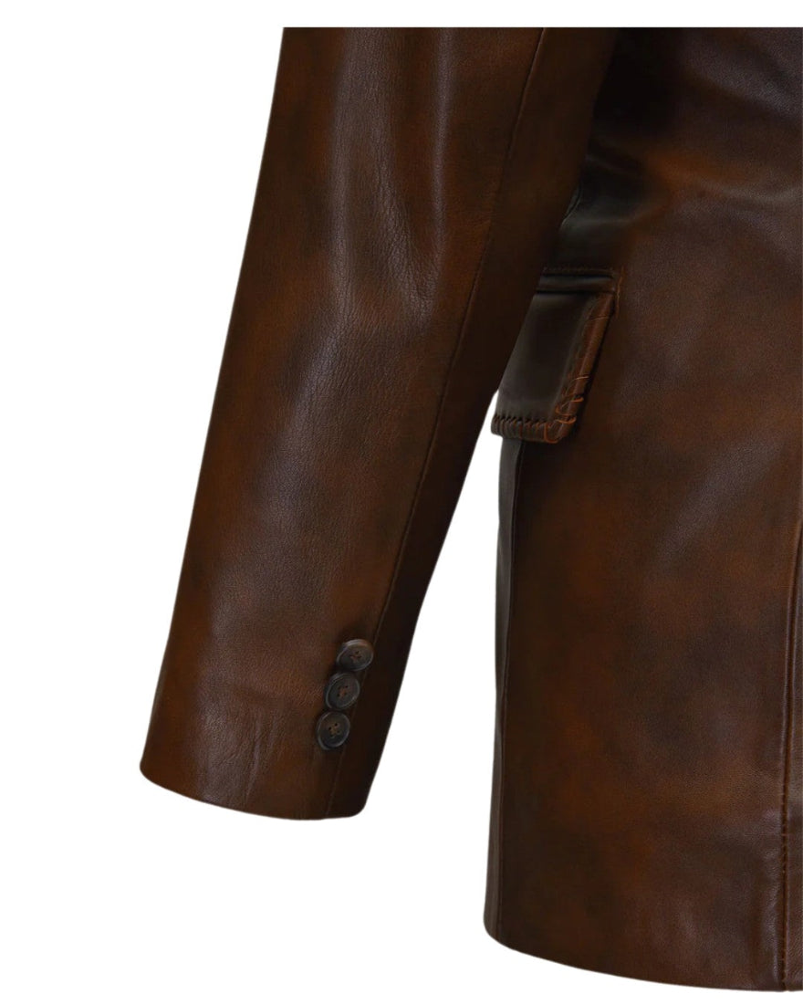 Close up picture of the buttoned sleeve ends on our Mens Brown Leather Blazer jacket.