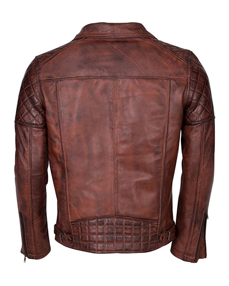 Picture of our Mens Brown Leather Moto Jacket on a mannequin, back view.