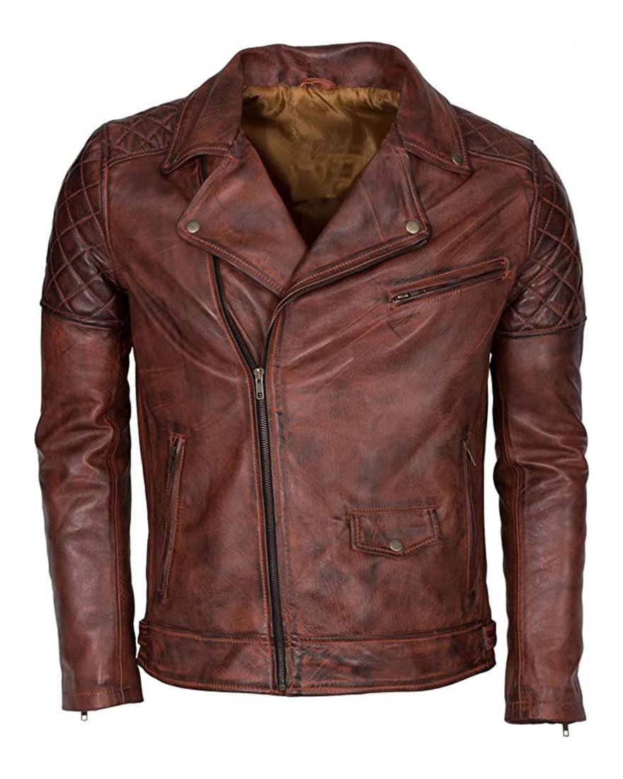 Picture of our Mens Brown Leather Moto Jacket on a mannequin, front view.