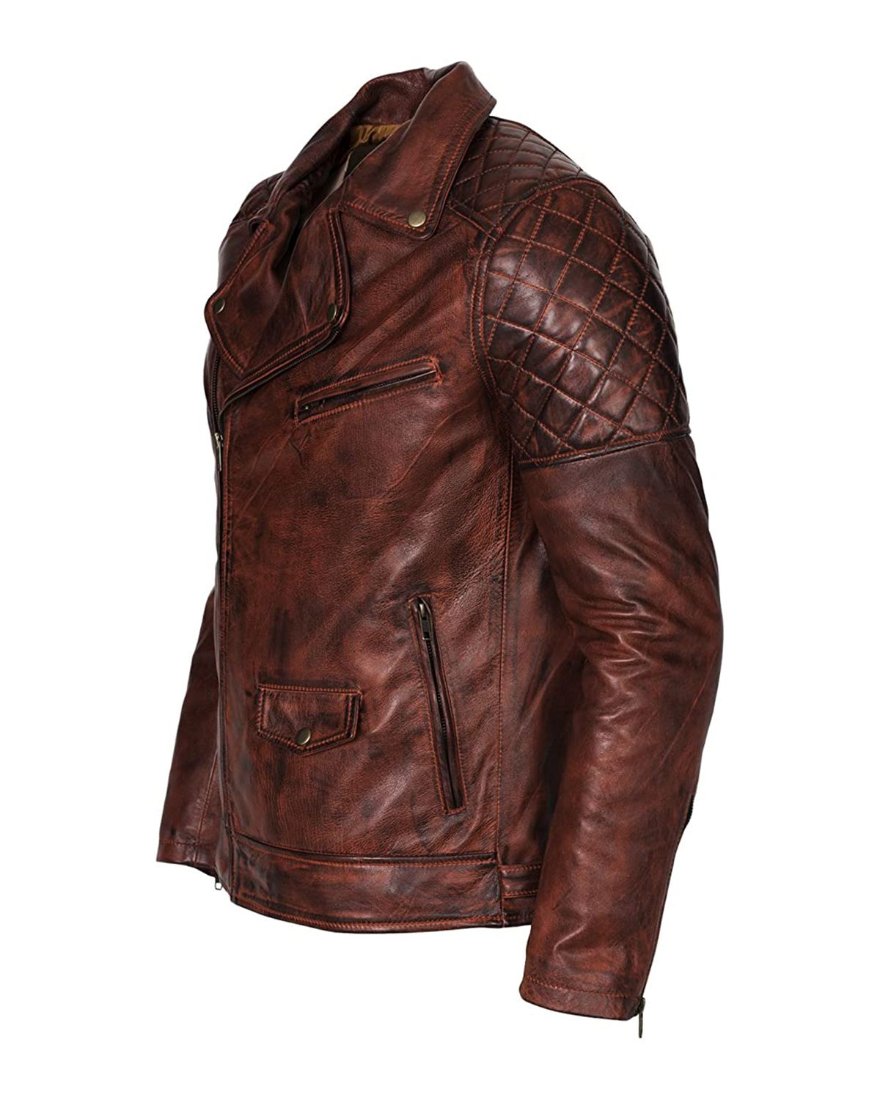 Picture of our Mens Brown Leather Moto Jacket on a mannequin, side view.