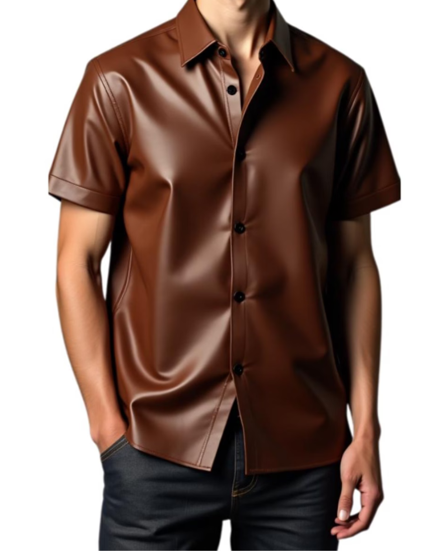 Picture of a model wearing our Mens Brown Leather Short Sleeve Shirt, front view.