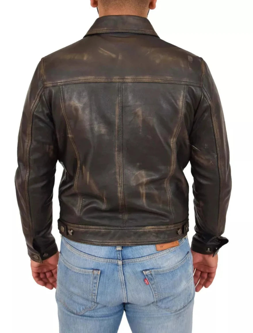 Picture of a model wearing our Mens Brown Leather Trucker Jacket, back view.